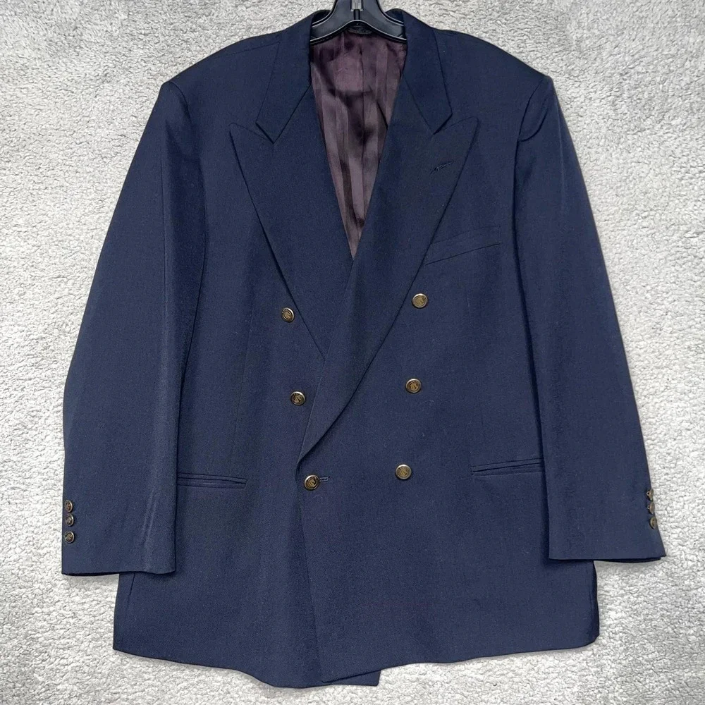 VTG Pierre Cardin Blazer Men's 46R Blue Wool Peak Double-Breasted Equestrian USA